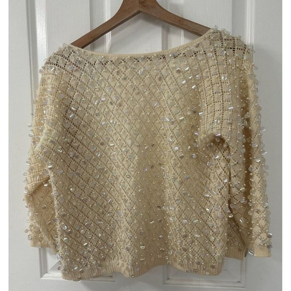 VTG 1950s Sequin Shrug 100% Wool Sweater Cropped Cardigan Bridal Macys Flawed - Picture 2 of 4